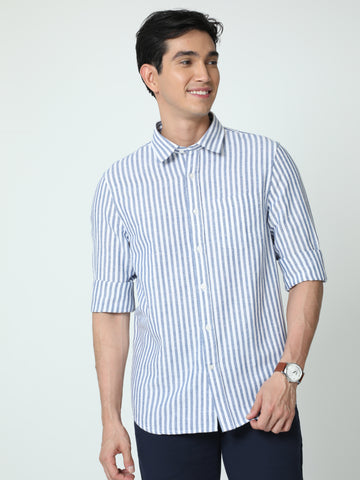 MEN LINEN BLUE STRIPES FULL SLEEVE SHIRT