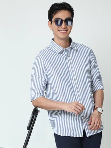 MEN LINEN BLUE STRIPES FULL SLEEVE SHIRT