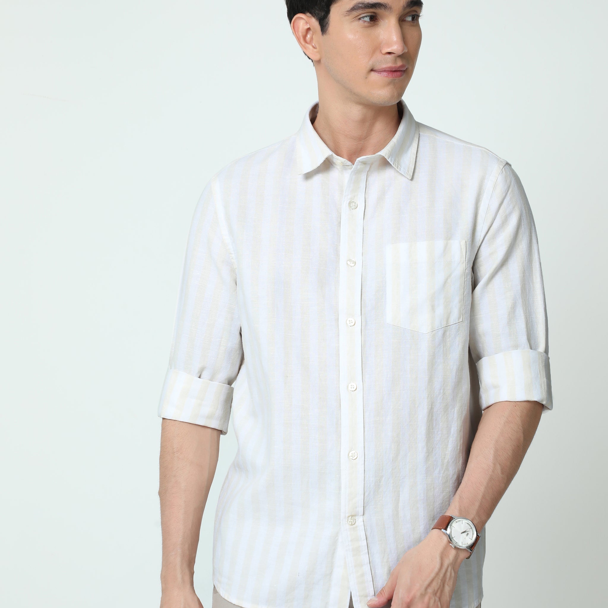 MEN LINEN CREAM STRIPES FULL SLEEVE SHIRT