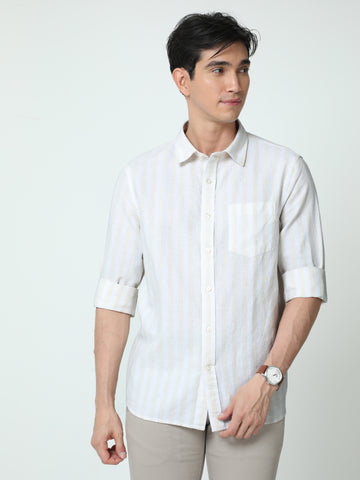 MEN LINEN CREAM STRIPES FULL SLEEVE SHIRT