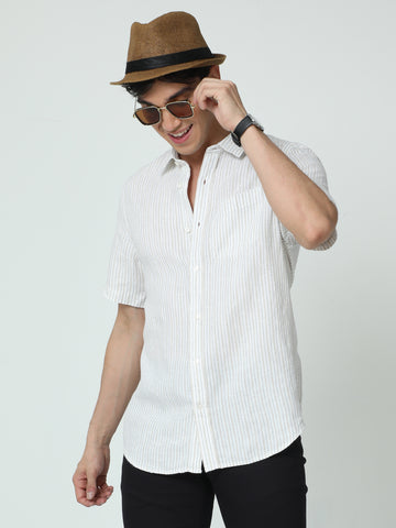 MEN LINEN BLACK STRIPES HALF SLEEVE SHIRT