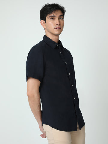 MEN LINEN DK NAVY SOLID HALF SLEEVE SHIRT