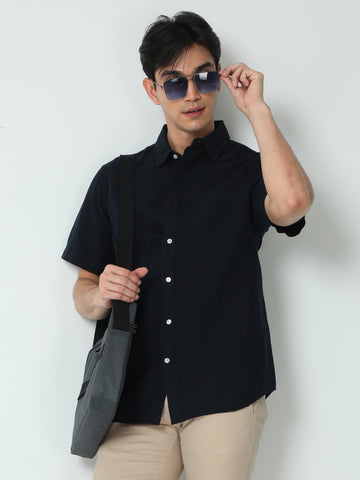 MEN LINEN DK NAVY SOLID HALF SLEEVE SHIRT