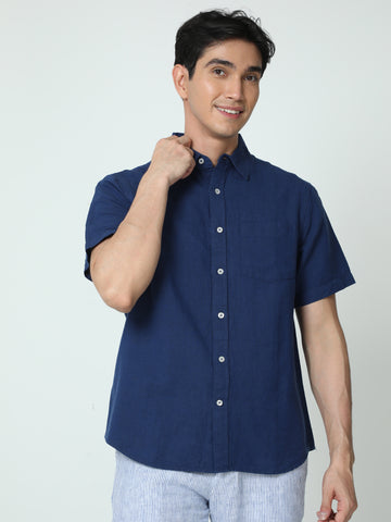 MEN LINEN NAVY SOLID HALF SLEEVE SHIRT