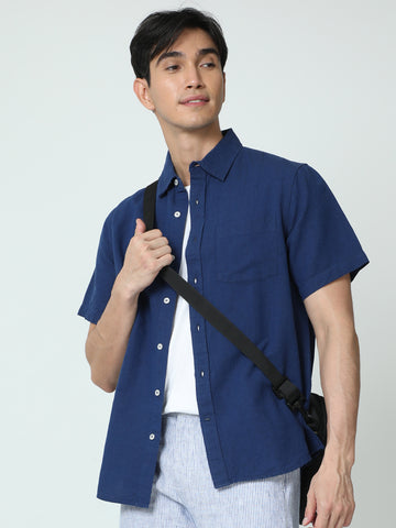 MEN LINEN NAVY SOLID HALF SLEEVE SHIRT