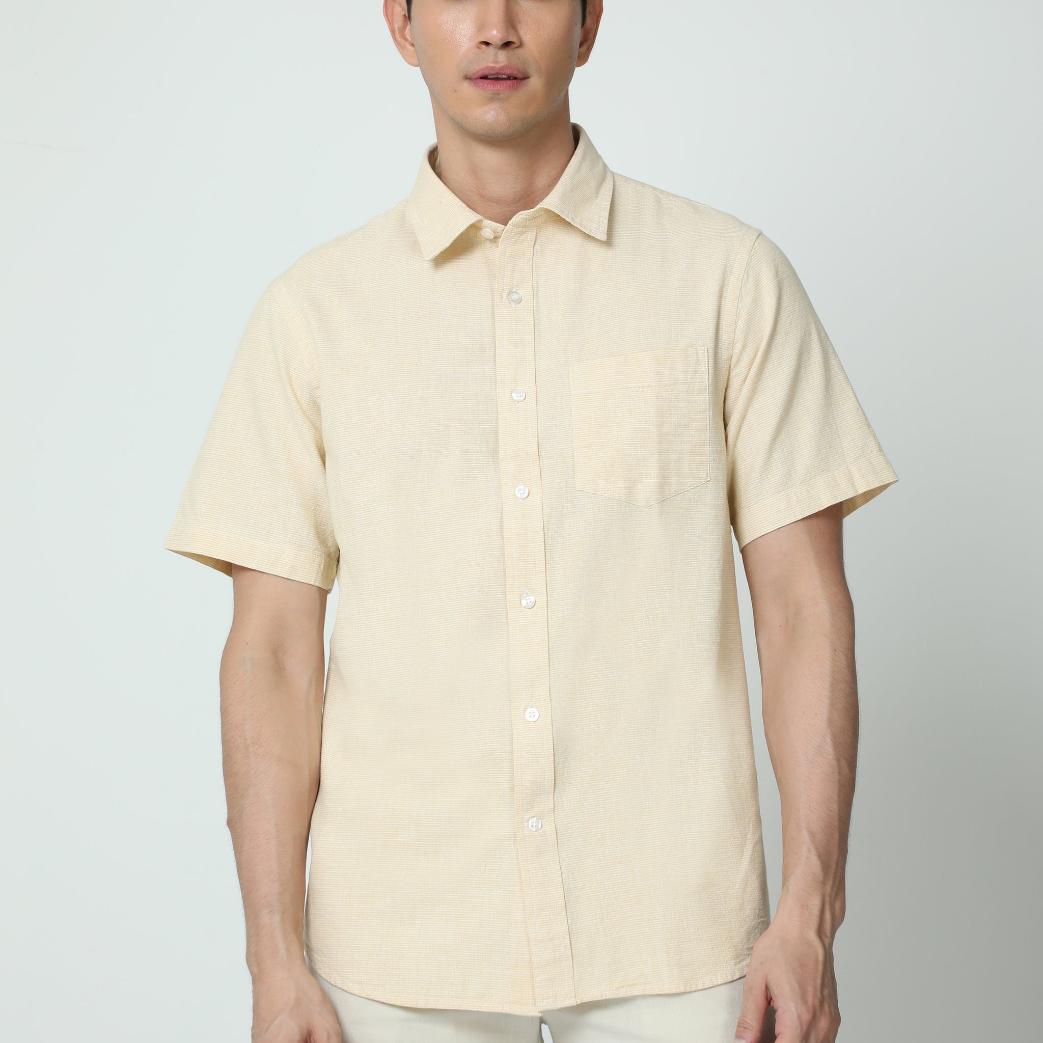 MEN LINEN LT YELLOW SOLID HALF SLEEVE SHIRT