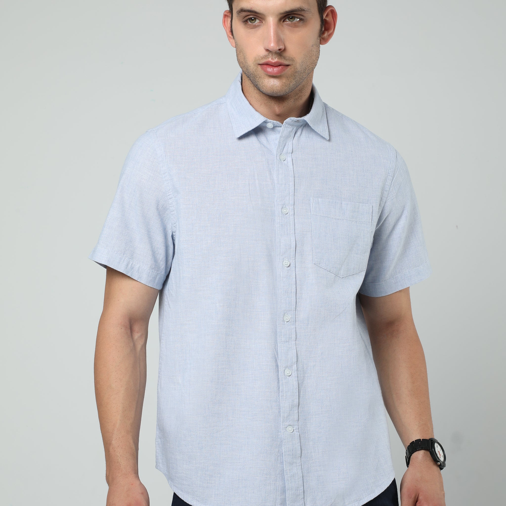 MEN LT BLUE SOLID HALF SLEEVE SHIRT