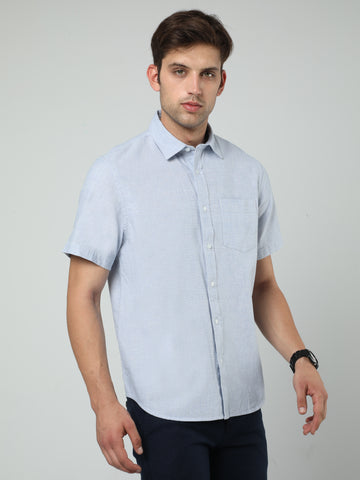 MEN LT BLUE SOLID HALF SLEEVE SHIRT