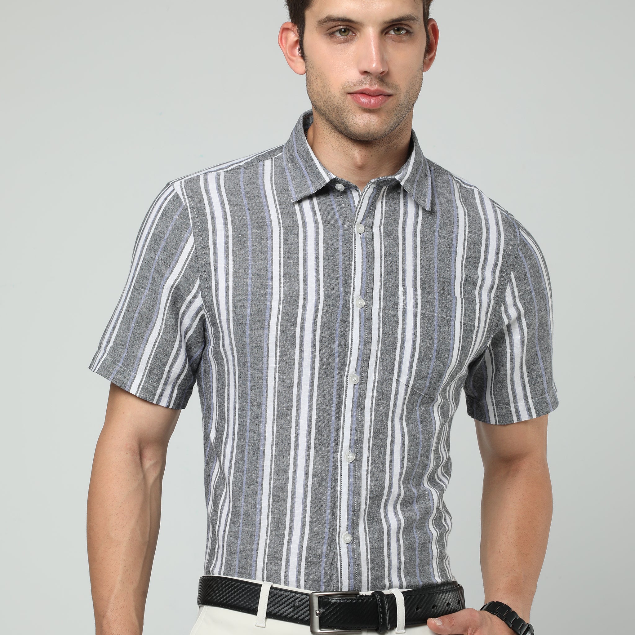 MEN LINEN GREY STRIPES HALF SLEEVE SHIRT