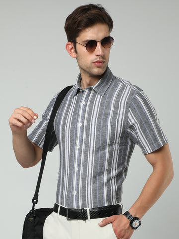 MEN LINEN GREY STRIPES HALF SLEEVE SHIRT