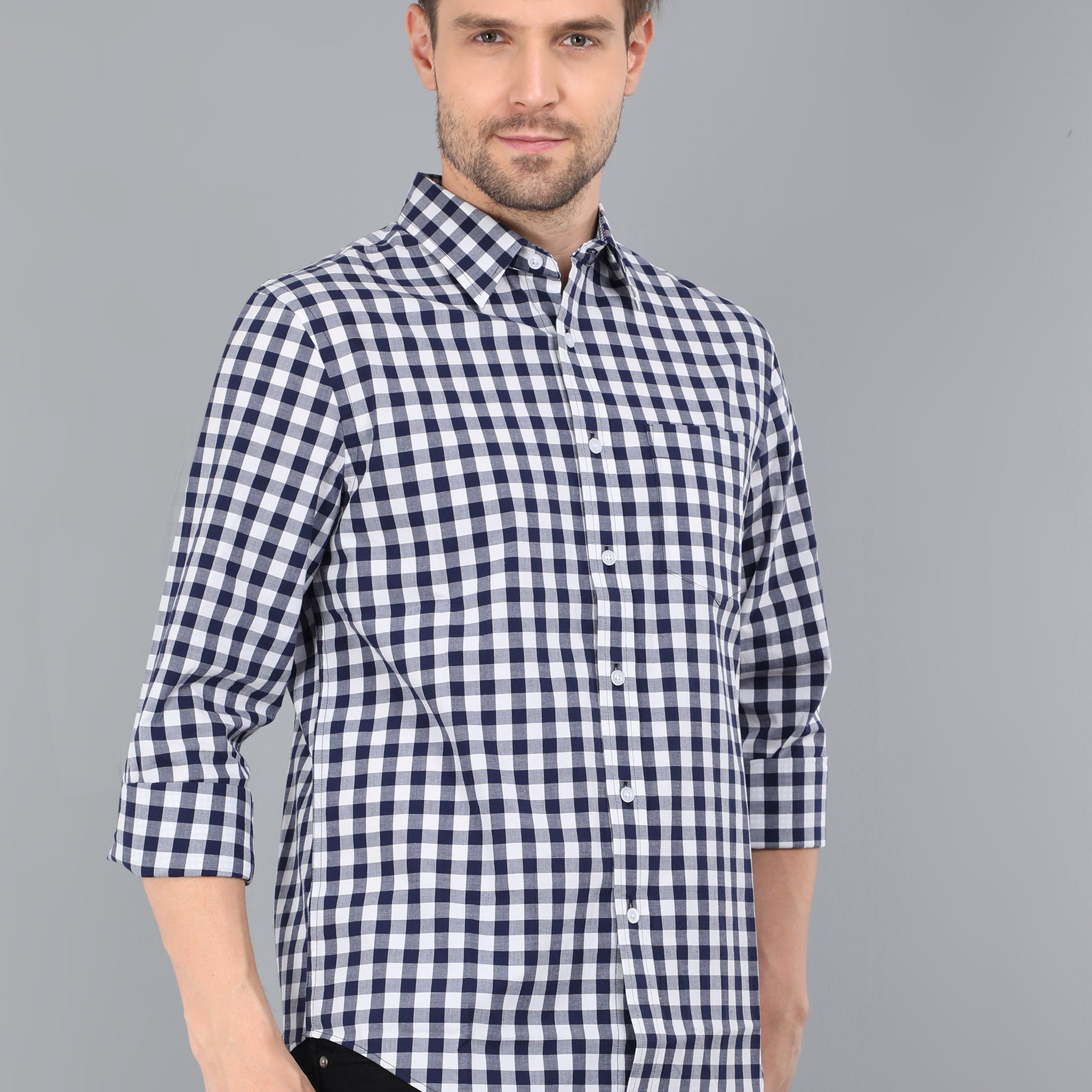 MEN INDIGO CHECKS FULL SLEEVE SHIRT