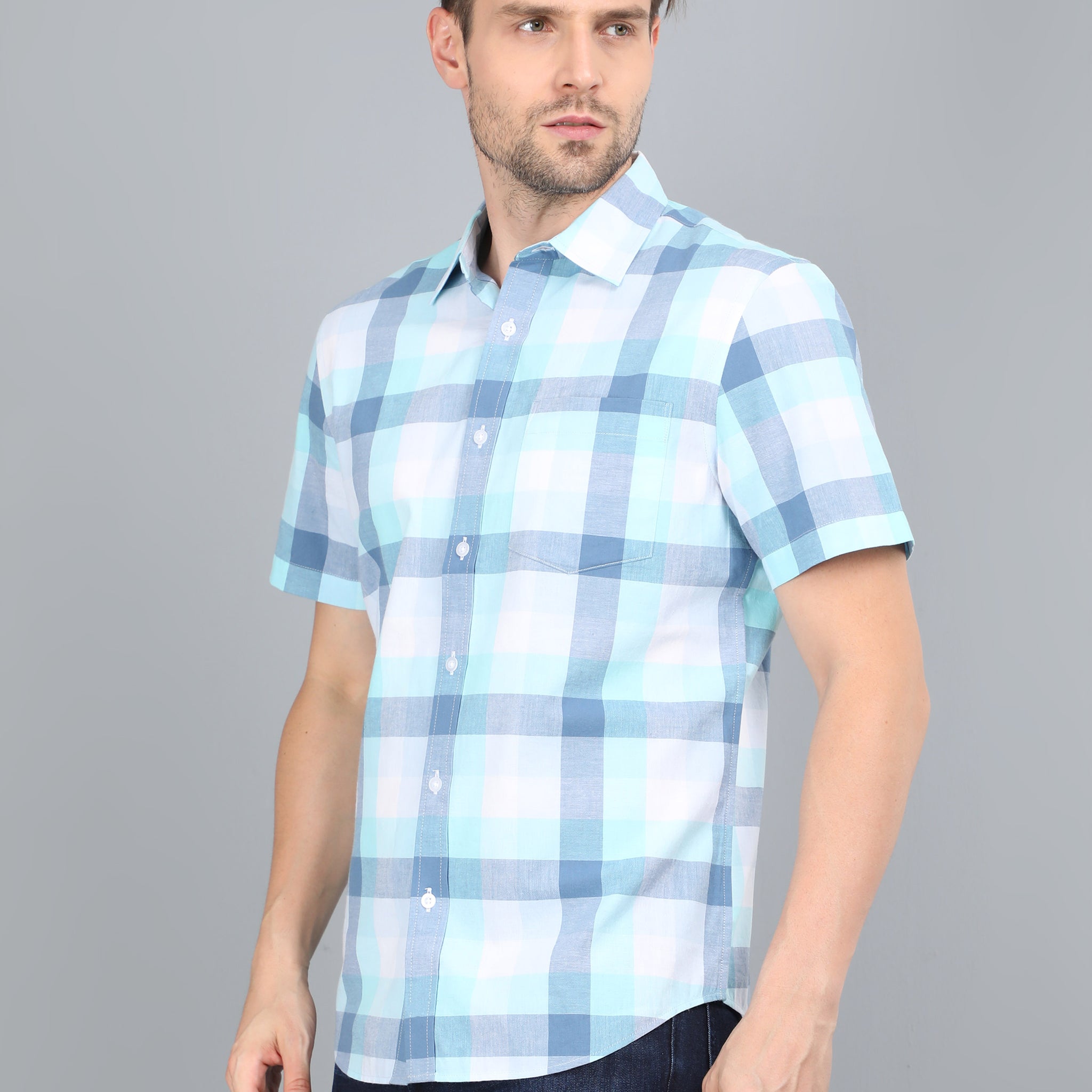 MEN BLUE CHECKS HALF SLEEVE SHIRT