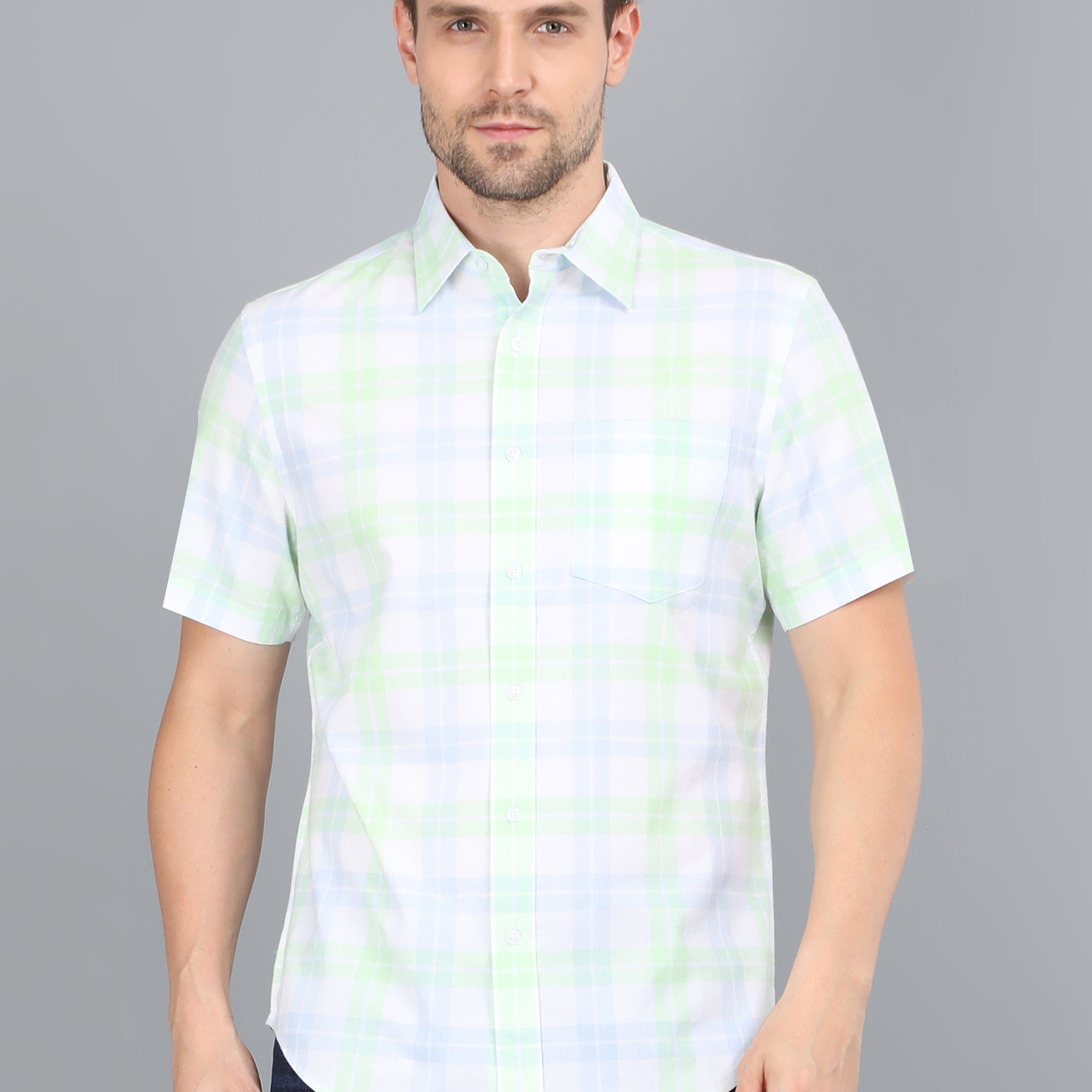 MEN LT GREEN CHECKS HALF SLEEVE SHIRT