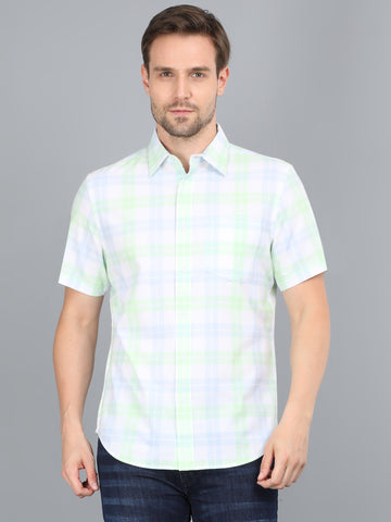 MEN LT GREEN CHECKS HALF SLEEVE SHIRT