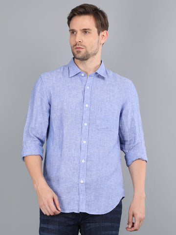 MEN LINEN BLUE SOLID FULL SLEEVE SHIRT