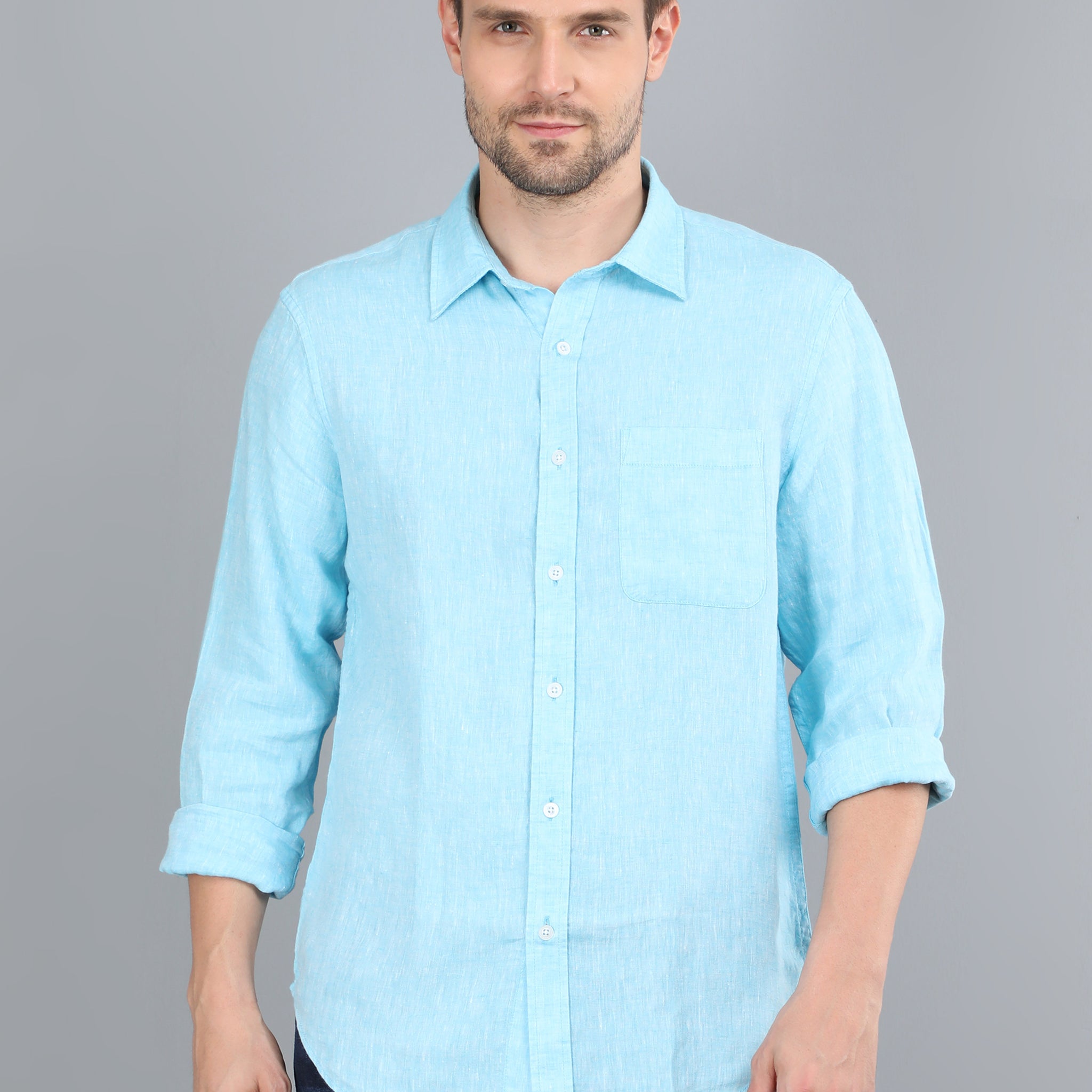 MEN LINEN SEA BLUE SOLID FULL SLEEVE SHIRT