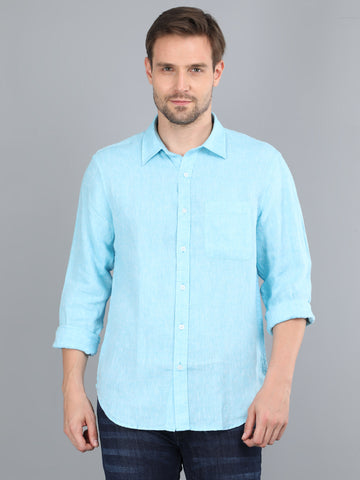 MEN LINEN SEA BLUE SOLID FULL SLEEVE SHIRT