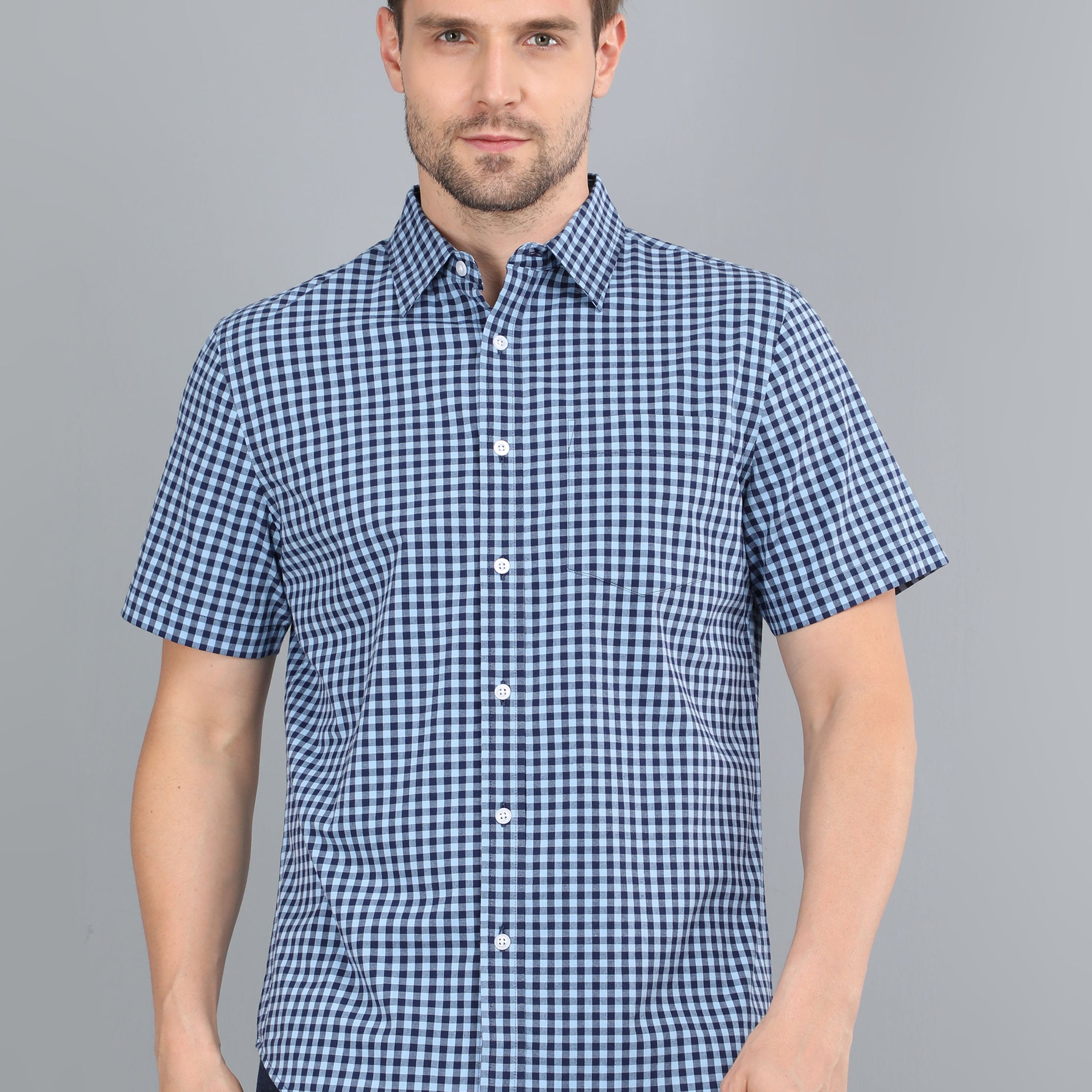 MEN INDIGO CHECKS HALF SLEEVE SHIRT