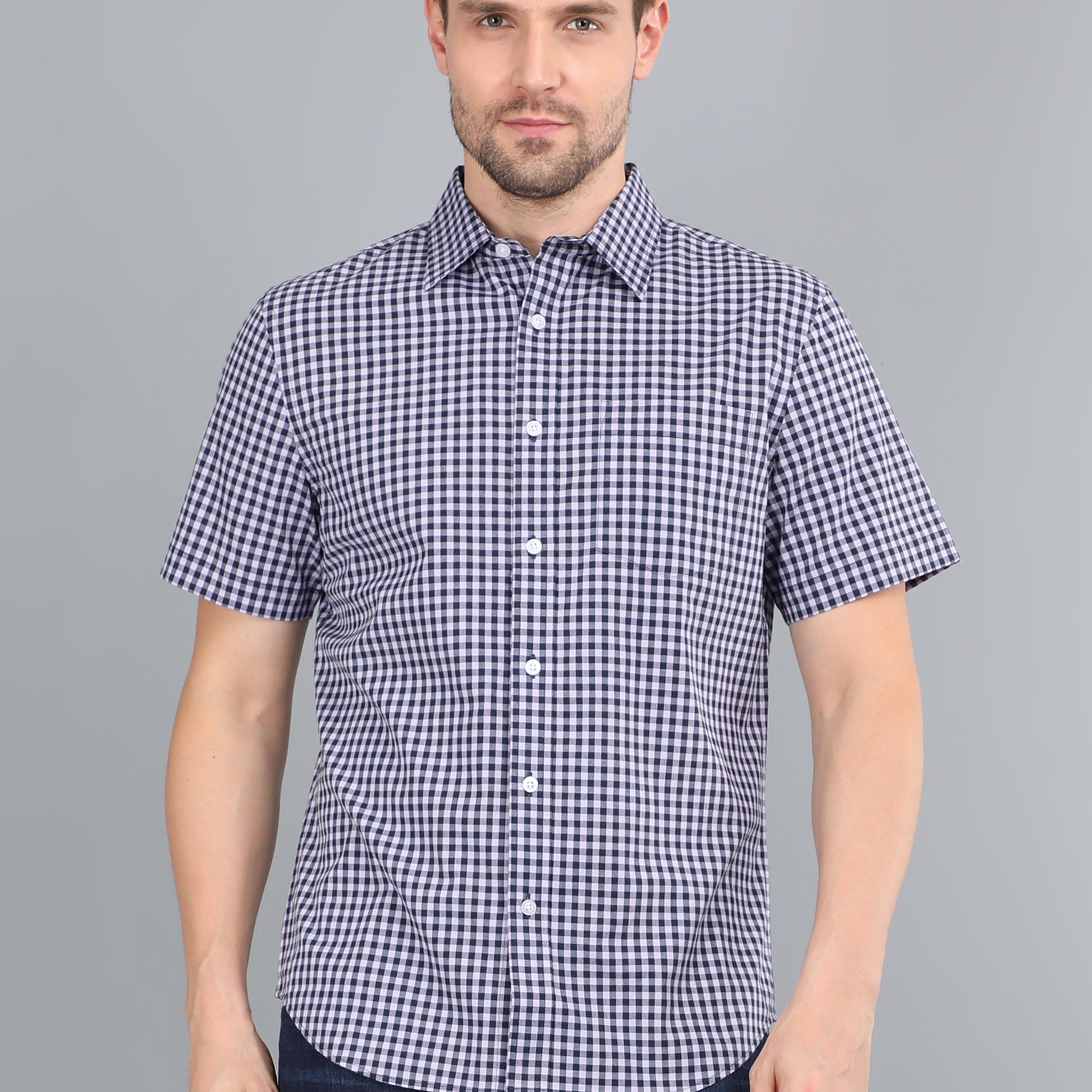 MEN VIOLET CHECKS HALF SLEEVE SHIRT
