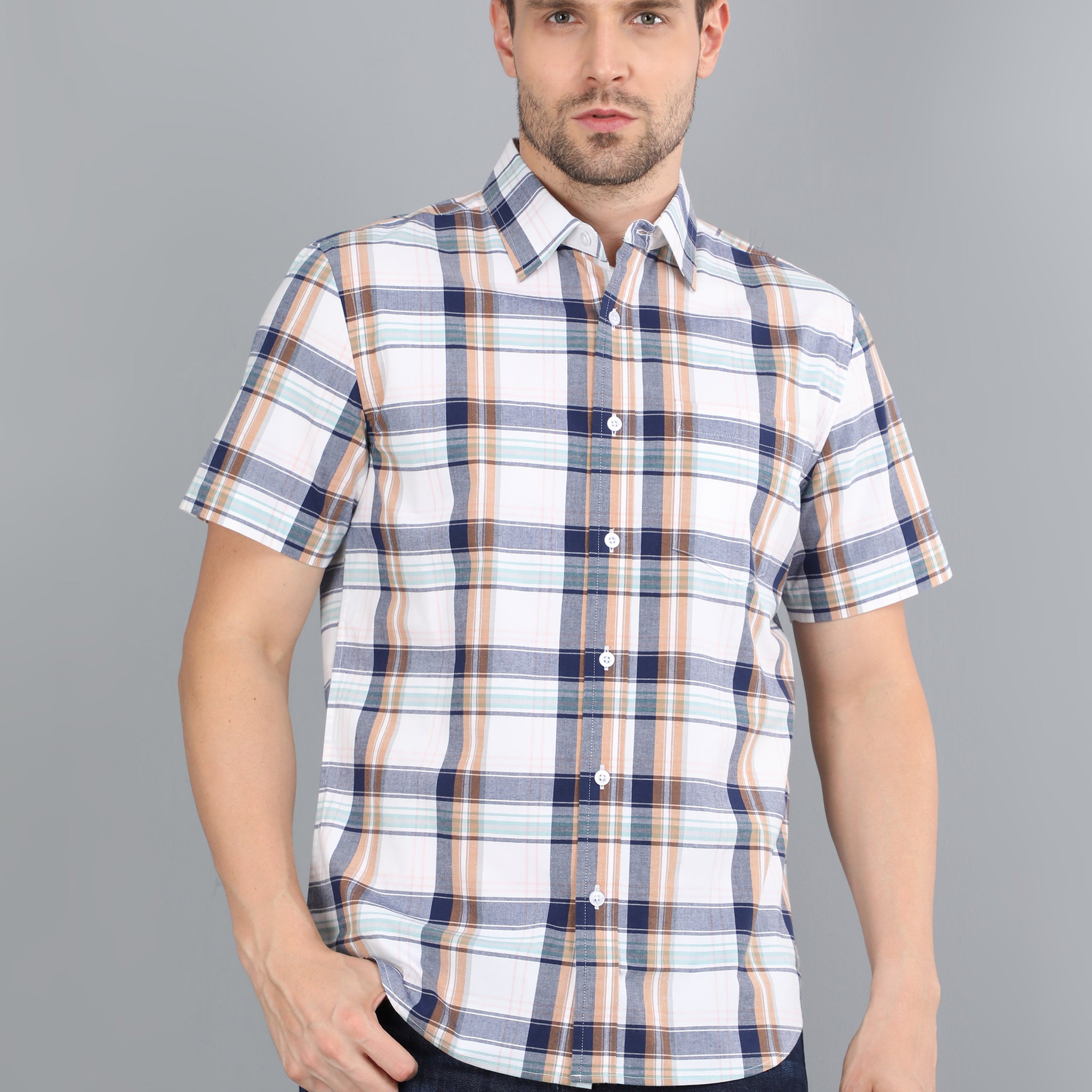MEN BLUE CHECKS HALF SLEEVE SHIRT