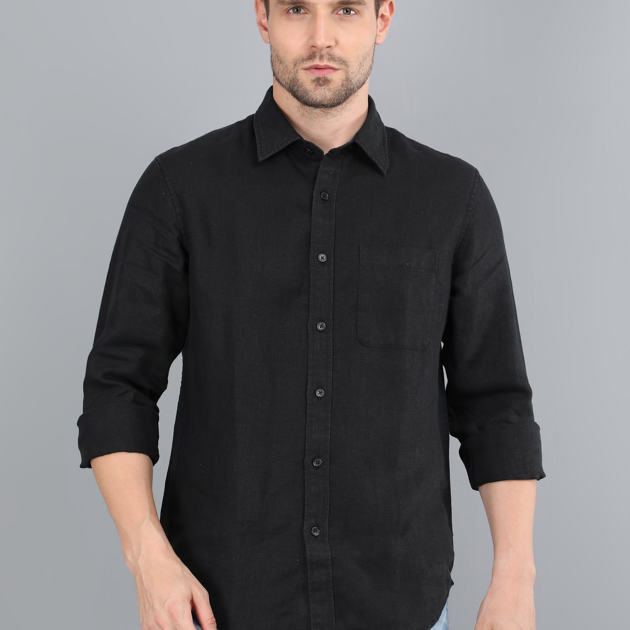 MEN LINEN BLACK SOLID FULL SLEEVE SHIRT