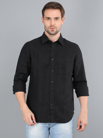 MEN LINEN BLACK SOLID FULL SLEEVE SHIRT