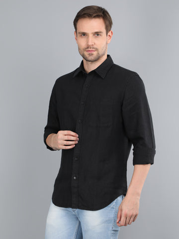 MEN LINEN BLACK SOLID FULL SLEEVE SHIRT