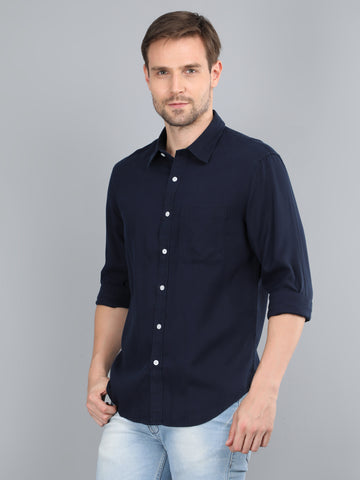 MEN INDIGO BLUE SOLID FULL SLEEVE SHIRT