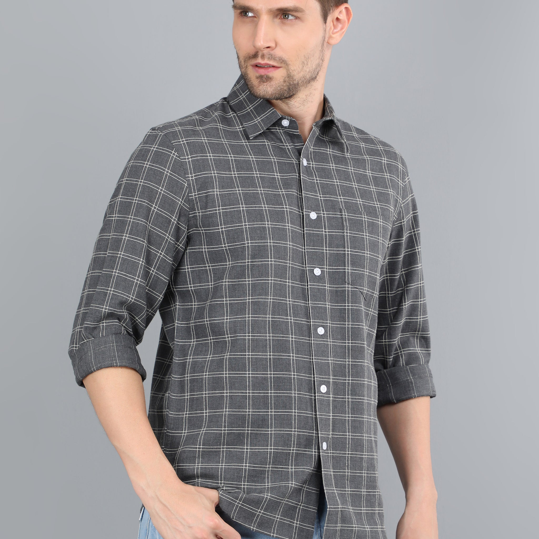 MEN CHARCOAL CHECKS FULL SLEEVE SHIRT