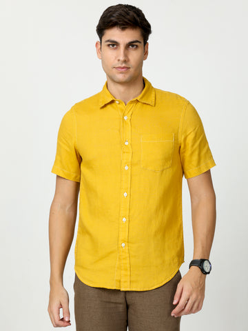 MEN LINEN YELLOW SOLID HALF SLEEVE SHIRT