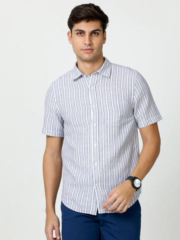 MEN LINEN BLUE STRIPES HALF SLEEVE SHIRT