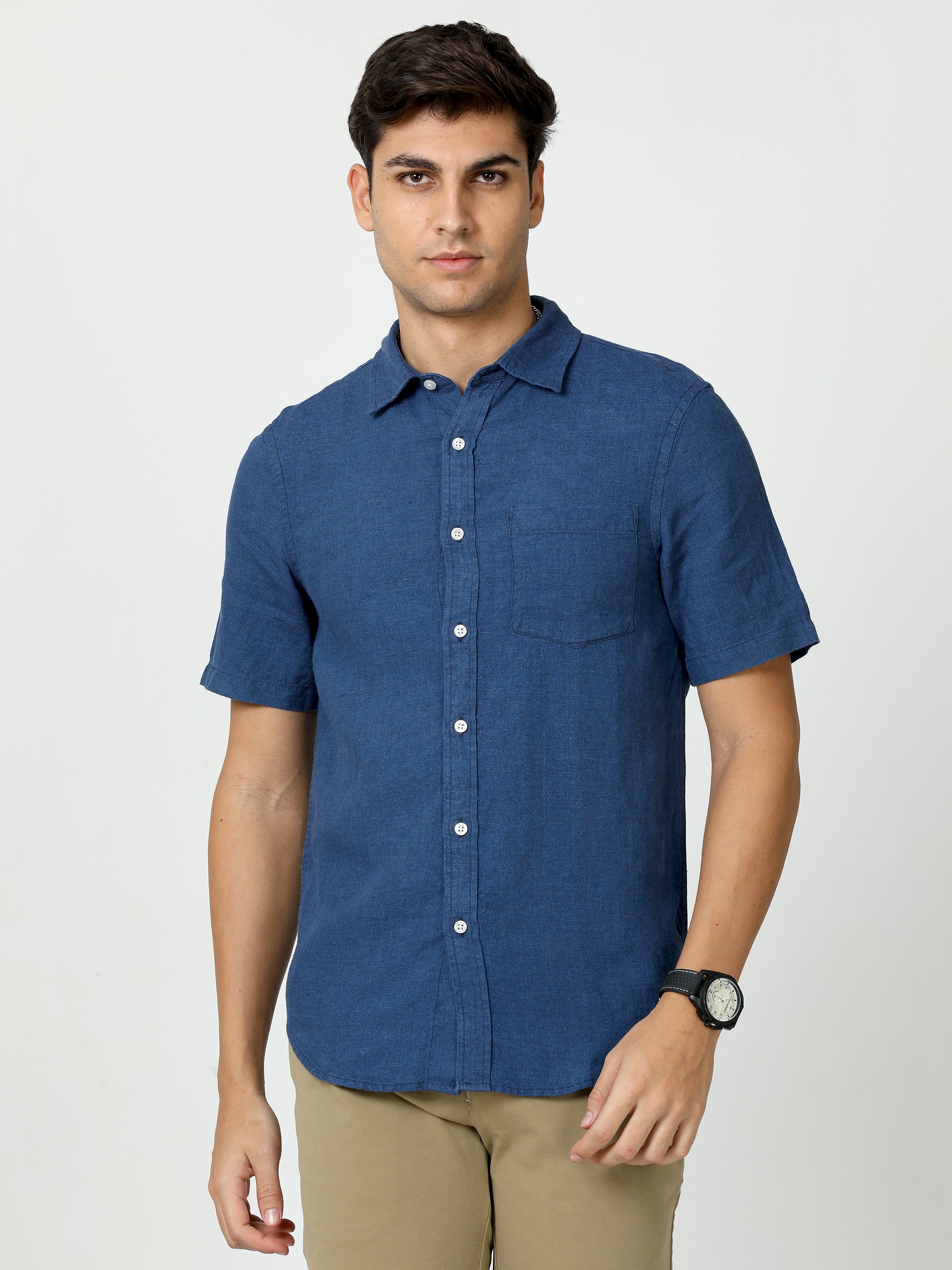 MEN LINEN BLUE SOLID HALF SLEEVE SHIRT
