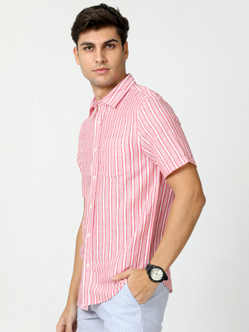 MEN LINEN RED STRIPES HALF SLEEVE SHIRT