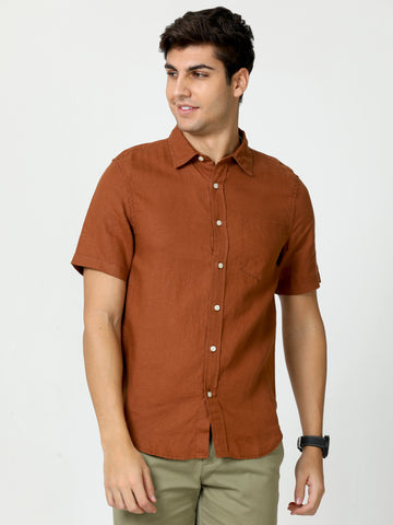 MEN LINEN AUBURN SOLID HALF SLEEVE SHIRT