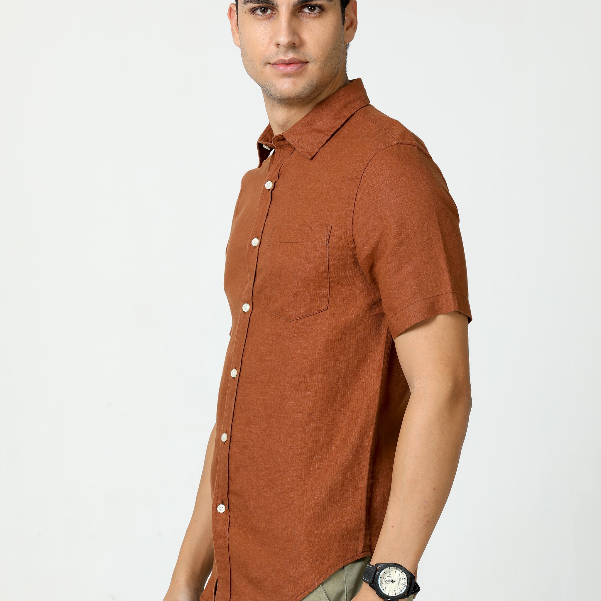 MEN LINEN AUBURN SOLID HALF SLEEVE SHIRT