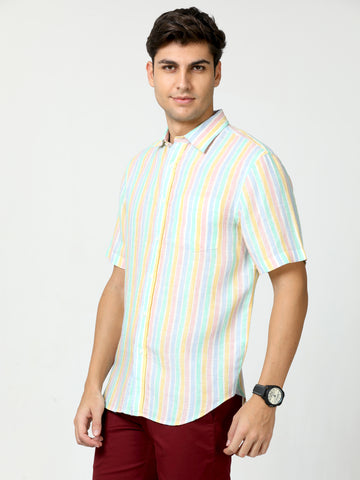 MEN LINEN MULTI STRIPES HALF SLEEVE SHIRT