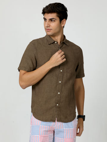 MEN LINEN BROWN SOLID HALF SLEEVE SHIRT