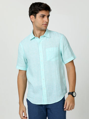 MEN LINEN MINT STRIPES HALF SLEEVE SHIRT