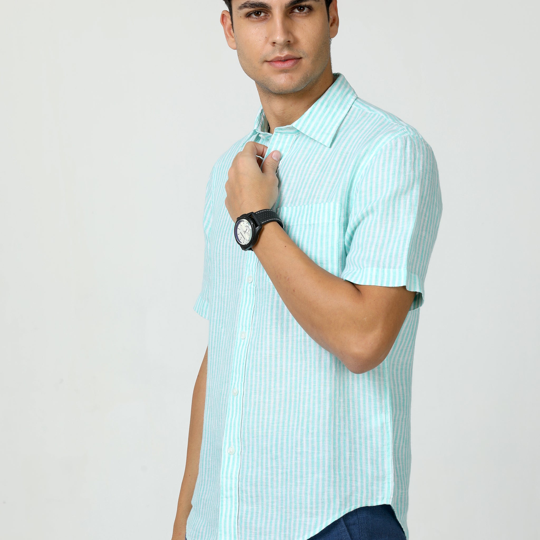 MEN LINEN MINT STRIPES HALF SLEEVE SHIRT