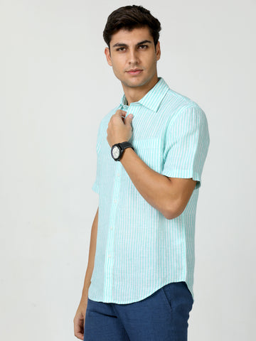 MEN LINEN MINT STRIPES HALF SLEEVE SHIRT