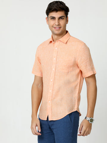 MEN LINEN SOFT ORANGE SOLID HALF SLEEVE SHIRT