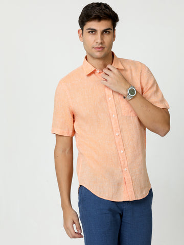 MEN LINEN SOFT ORANGE SOLID HALF SLEEVE SHIRT